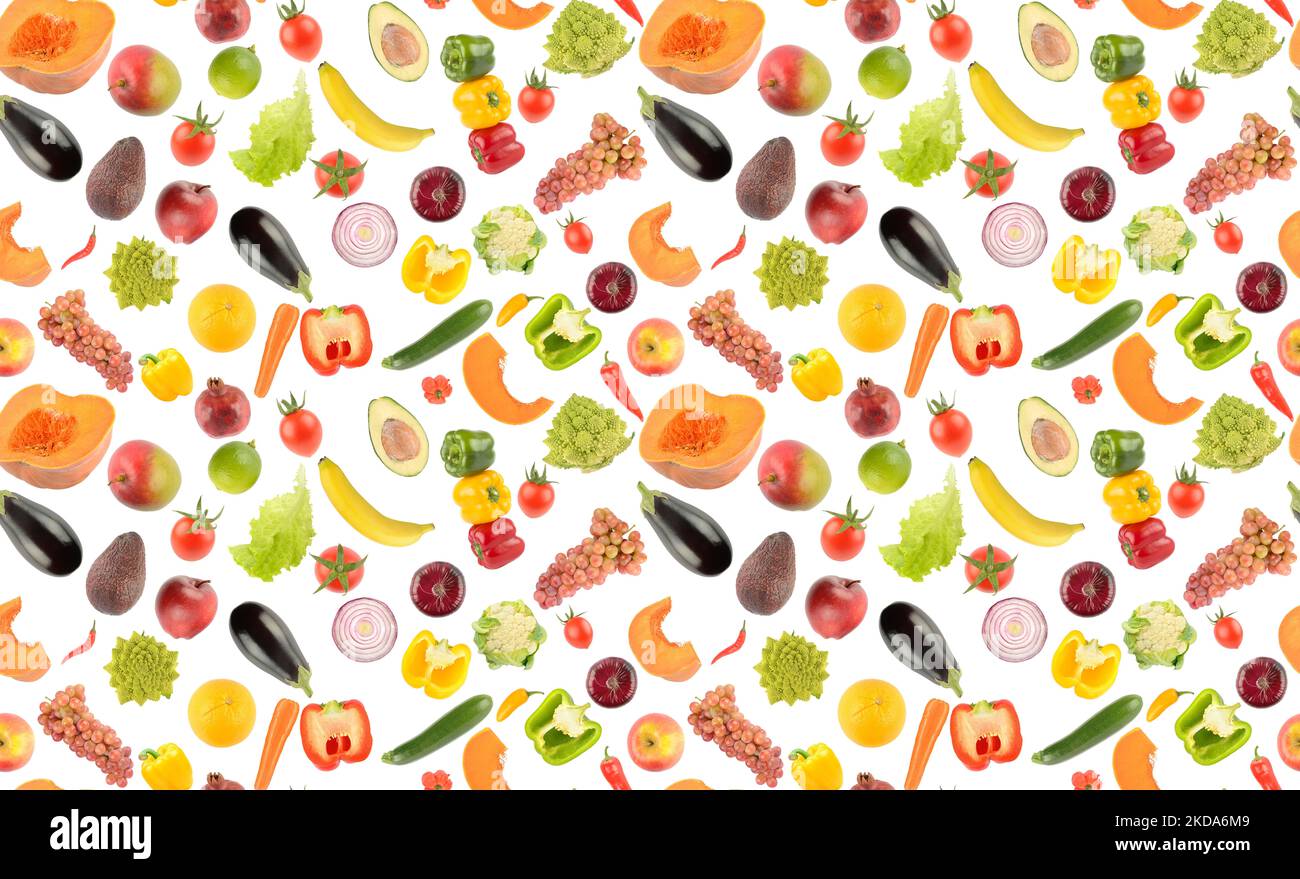 Grand motif coloré sans couture légumes frais et fruits lumineux isolés sur fond blanc. Banque D'Images