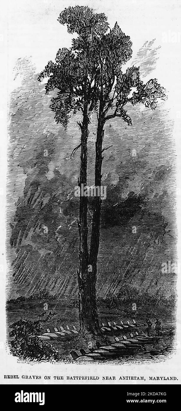 Les tombes rebelles sur le champ de bataille près d'Antietam, Maryland. Novembre 1862. Illustration de la guerre de Sécession américaine du 19th siècle tirée du journal illustré de Frank Leslie Banque D'Images