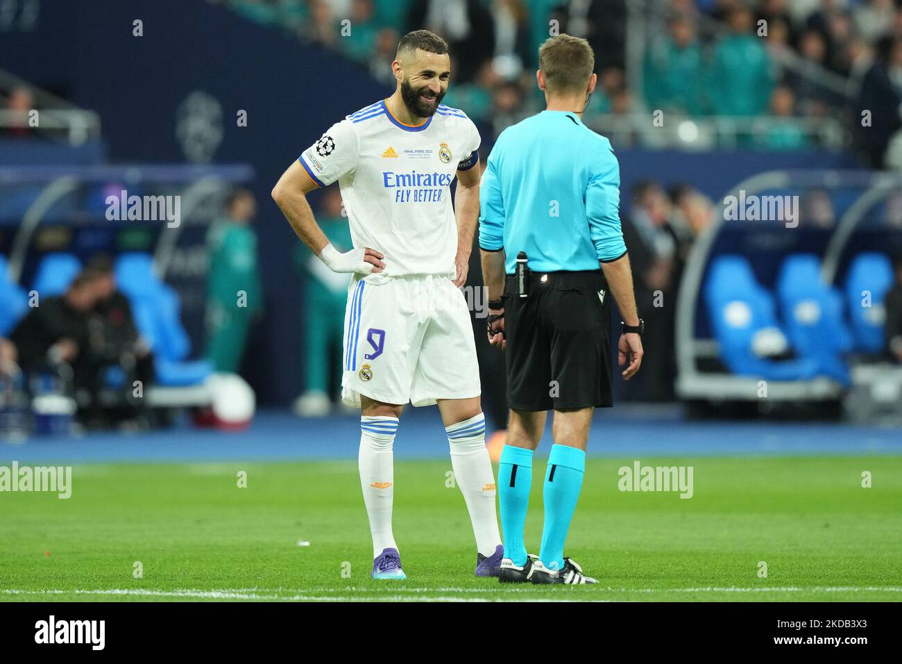 Karim Benzema du Real Madrid CF lors du match final de la Ligue des champions de l'UEFA entre le FC Liverpool et le Real Madrid CF au Stade de France sur 28 mai 2022 à Paris, France. (Photo de Giuseppe Maffia/NurPhoto) Banque D'Images Karim Benzema du Real Madrid CF lors du match final de la Ligue des champions de l'UEFA entre le FC Liverpool et le Real Madrid CF au Stade de France sur 28 mai 2022 à Paris, France. (Photo de Giuseppe Maffia/NurPhoto) Banque D'Images