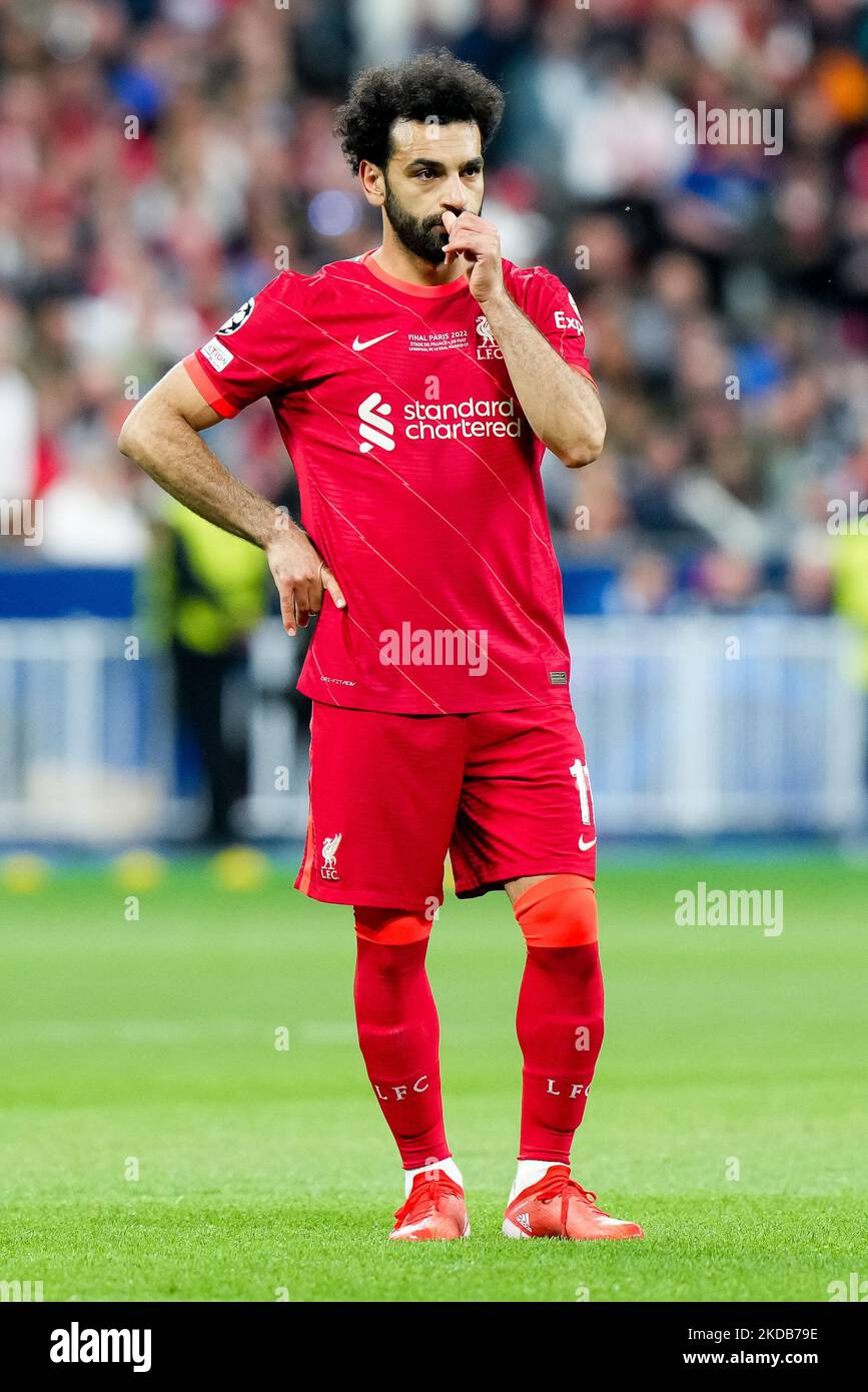 Mohamed Salah du FC Liverpool gestes lors du match final de la Ligue des champions de l'UEFA entre le FC Liverpool et le FC Real Madrid au Stade de France sur 28 mai 2022 à Paris, France. (Photo de Giuseppe Maffia/NurPhoto) Banque D'Images