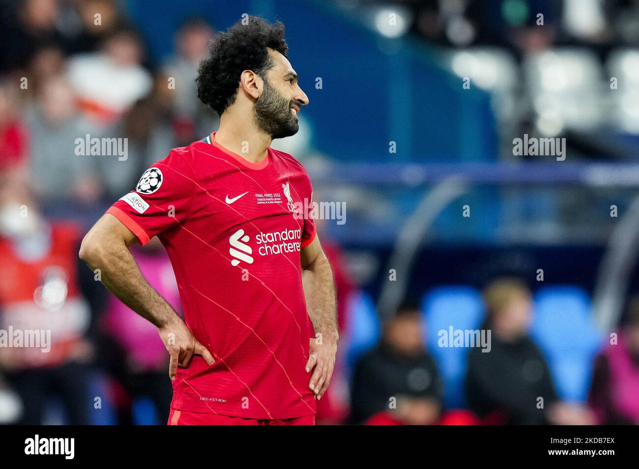 Mohamed Salah, du FC Liverpool, se présente lors du match de finale de la Ligue des champions de l'UEFA entre le FC Liverpool et le FC Real Madrid, au Stade de France sur 28 mai 2022 à Paris, en France. (Photo de Giuseppe Maffia/NurPhoto) Banque D'Images Mohamed Salah, du FC Liverpool, se présente lors du match de finale de la Ligue des champions de l'UEFA entre le FC Liverpool et le FC Real Madrid, au Stade de France sur 28 mai 2022 à Paris, en France. (Photo de Giuseppe Maffia/NurPhoto) Banque D'Images