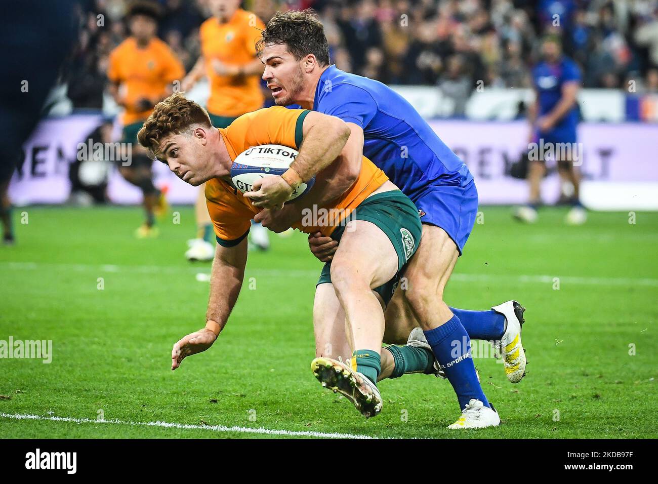 Andrew KELLAWAY d'Australie et Antoine DUPONT de France lors de la série des Nations d'automne 2022, match de rugby entre la France et l'Australie sur 5 novembre 2022 au Stade de France à Saint-Denis, France - photo Matthieu Mirville / DPPI Banque D'Images