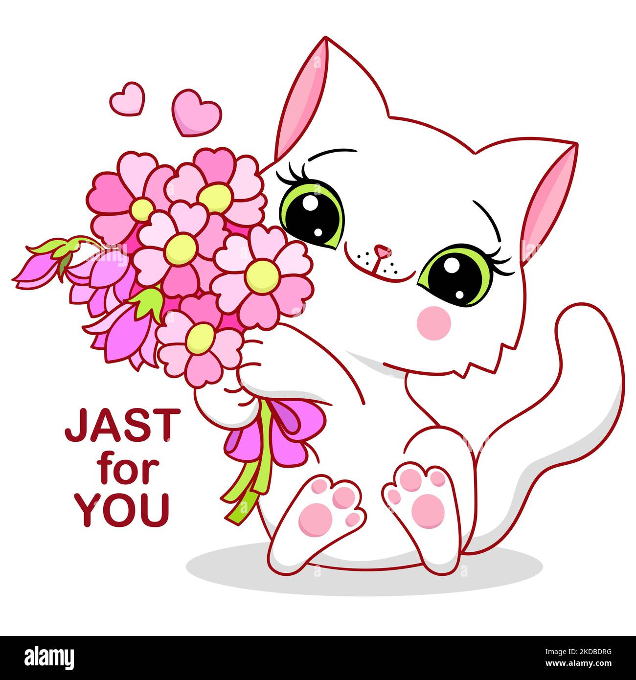 Joli chaton blanc avec un bouquet de fleurs. Vecteur Illustration de Vecteur