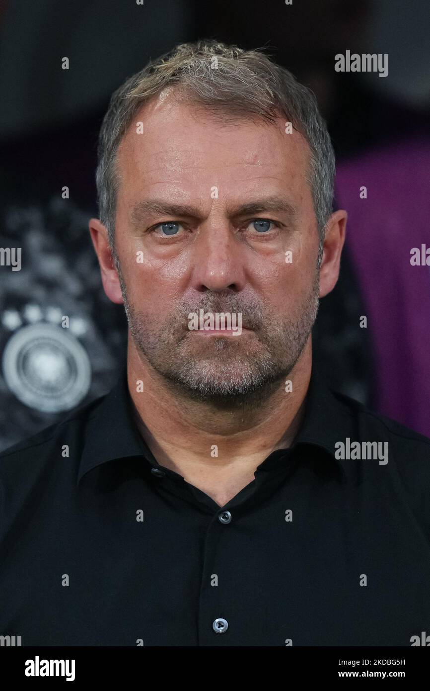 Hans-Dieter Flick, directeur de l'Allemagne, se penche sur le match de l'UEFA Nations League entre l'Italie et l'Allemagne au Stadio Renato Dall'Ara, Bologne, Italie, le 4 juin 2022. (Photo de Giuseppe Maffia/NurPhoto) Banque D'Images