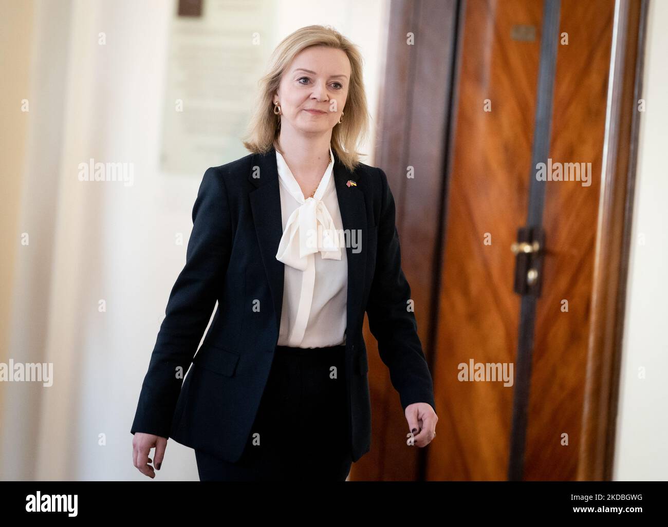 Le ministre britannique des Affaires étrangères Liz Truss rencontre le Premier ministre polonais à la Chancellerie de Varsovie, Pologne, on 5 avril 2022 (photo de Mateusz Wlodarczyk/NurPhoto) Banque D'Images