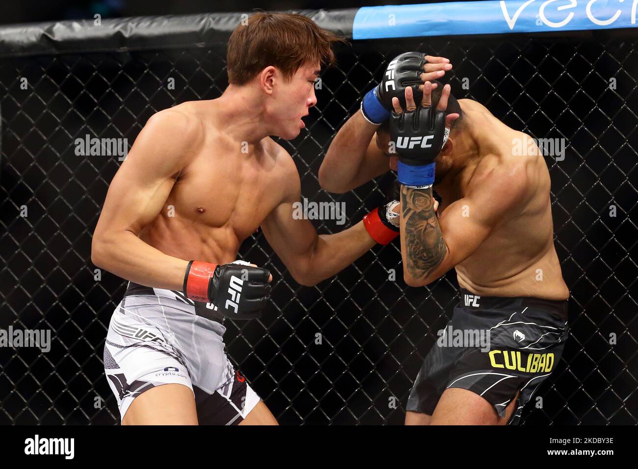 Josh Culibao d'Australie (R) combat Seugwoo Choi de Corée du Sud dans le combat de poids plume masculin lors de l'événement UFC 275 au stade intérieur de Singapour sur 12 juin 2022 à Singapour. (Photo de Suhaimi Abdullah/NurPhoto) Banque D'Images