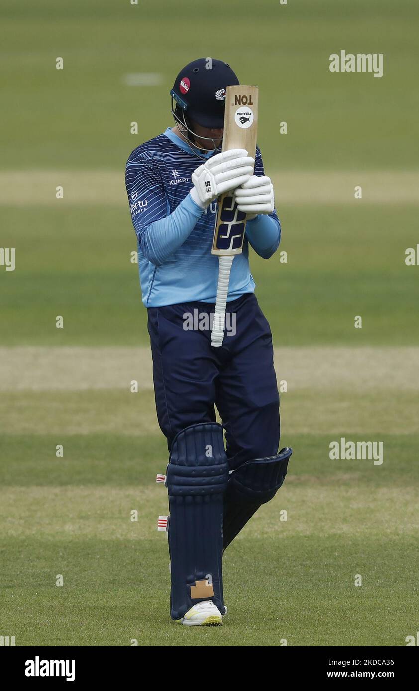 Finn Allen, de Yorkshire Vikings, réagit après avoir été congédié lors du match Blast Vitality T20 entre Durham et Yorkshire, au Seat unique Riverside, Chester le Street, le vendredi 17th juin 2022. (Photo de will Matthews/MI News/NurPhoto) Banque D'Images