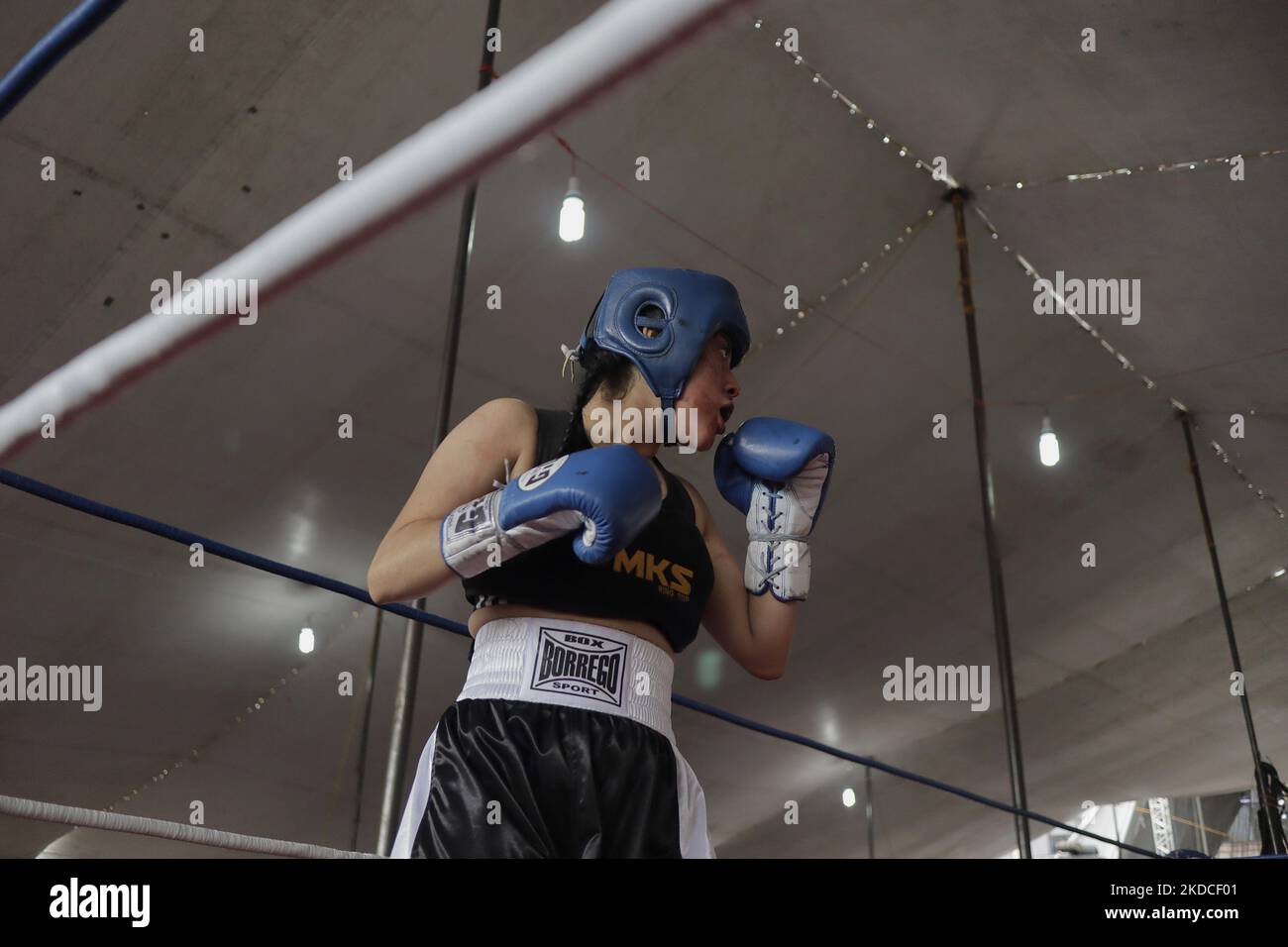 Une femme lors d'une exposition de boxe au bureau du maire de Tláhuac à Mexico, à l'occasion du 800th anniversaire de la Fondation Cuitláhuac. Selon des données historiques, Tláhuac a été fondée en l'an 1222 après J.-C., près du centre de l'ancien lac de Xochimilco. Ses premiers colons étaient les Chichimecas. (Photo de Gerardo Vieyra/NurPhoto) Banque D'Images