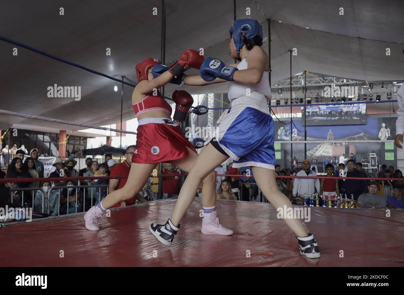 Deux femmes lors d'une exposition de boxe au bureau du maire de Tláhuac à Mexico, à l'occasion du 800th anniversaire de la Fondation Cuitláhuac. Selon des données historiques, Tláhuac a été fondée en l'an 1222 après J.-C., près du centre de l'ancien lac de Xochimilco. Ses premiers colons étaient les Chichimecas. (Photo de Gerardo Vieyra/NurPhoto) Banque D'Images