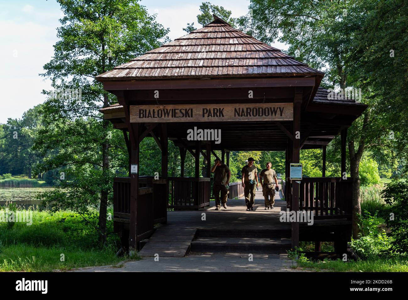 La porte du parc national de Bialowieski est vue ouverte au tourisme pour la première fois depuis septembre 2021, lorsque la Pologne a interdit d'entrer dans la zone près de la frontière biélorusse - 1 juillet 2022 à Bialowieza, Pologne. L'interdiction a été levée alors que la Pologne construit une barrière en acier de 186 kilomètres de long et de 5,5 mètres de haut avec des barbelés à la frontière entre la Pologne et le Belarus, qui est aussi la frontière de l'Union européenne et de l'OTAN. La décision a été prise après que des milliers de migrants, principalement de Syrie, d'Irak et d'Afghanistan, aient tenté de traverser la Biélorussie en Pologne. Une partie de la barrière traverse la forêt de Bialowieza. La décision Banque D'Images