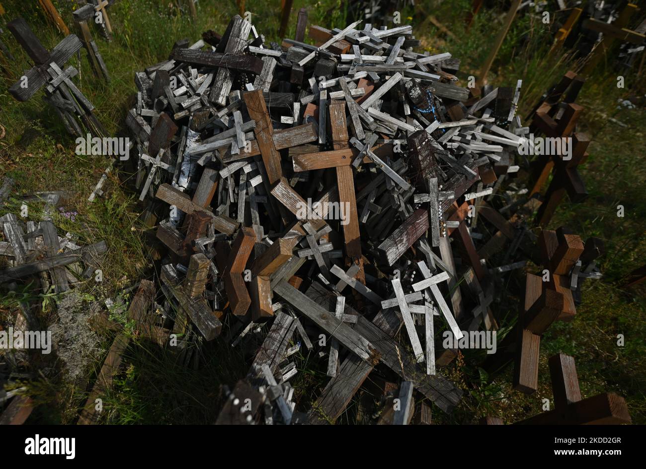 Croix en bois de différentes tailles vues sur la colline des croix dans le sanctuaire de l'eau Sainte à Wasilkow. Jeudi, 30 juin 2022, à Swieta Woda, Wasilkow, Podlaskie Voivodeship, Pologne. (Photo par Artur Widak/NurPhoto) Banque D'Images