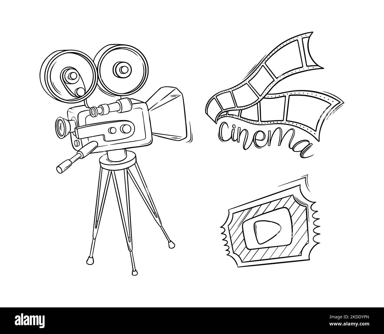Croquis des caméras de cinéma. Caméra cinéma vintage avec style doodle. Illustration vectorielle isolée sur fond blanc Illustration de Vecteur