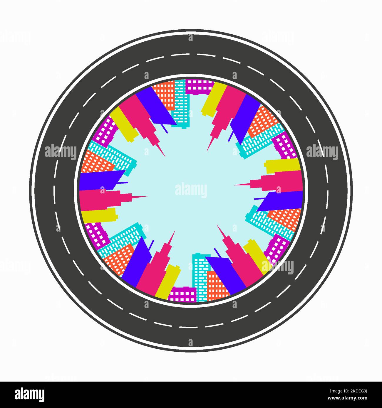 Périphérique avec marquages autour de la grande ville. Gratte-ciels multicolores. Vue de dessous. Illustration vectorielle plate isolée sur fond blanc. Illustration de Vecteur