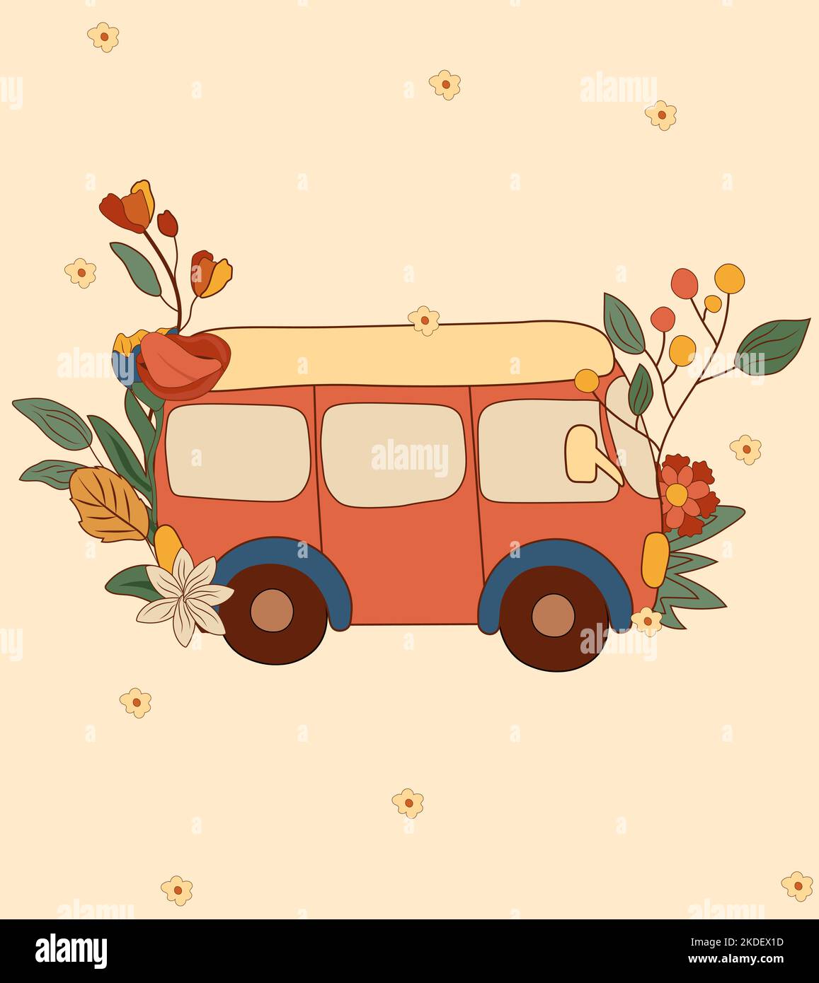 Composition positive 70s avec bus rétro, fleurs et feuilles colorées. Symboles hippie positifs. Idéal pour les cartes de vœux, les affiches, les cartes postales et les bannières. Vecteur. Illustration de Vecteur