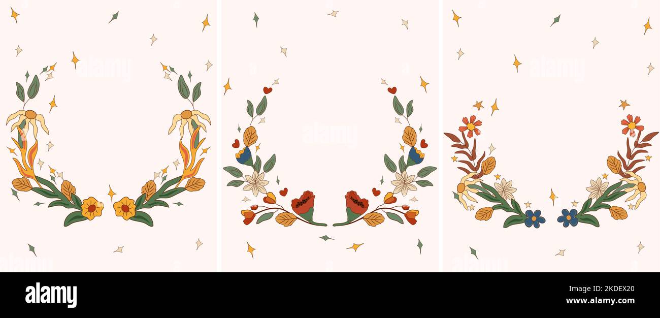 Couronnes groovy 70s avec des fleurs et des feuilles colorées. Composition dans un style vintage parfait pour les cartes, l'affiche, la carte postale, la bannière. Vecteur Illustration de Vecteur