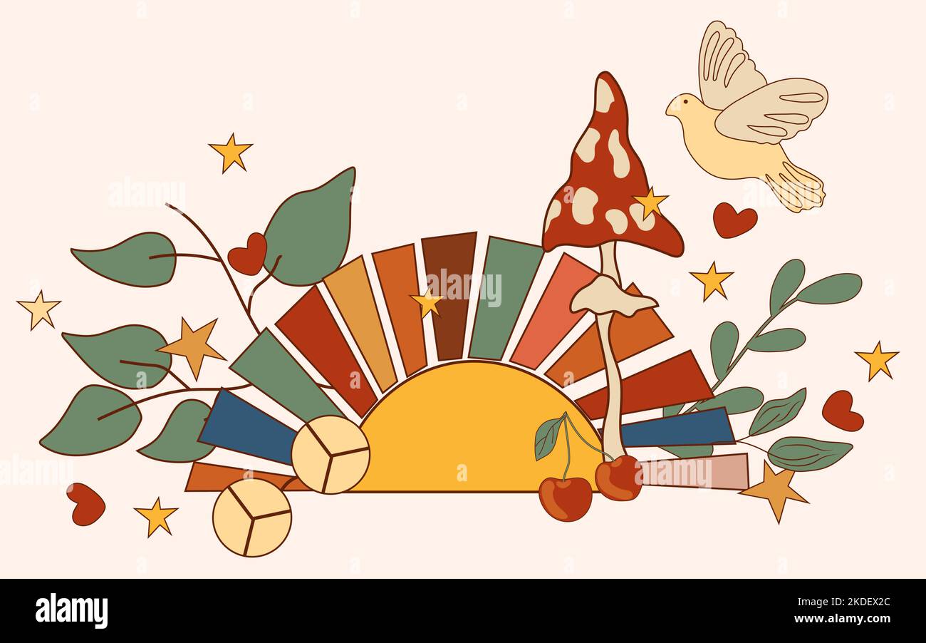 Positive hippie composition 70s avec soleil coloré, fleurs et feuilles, colombe volante, champignon. Éléments de gorge psychédéliques. Affiche vintage parfaite pour poster, carte postale, bannière. Vecteur. Illustration de Vecteur