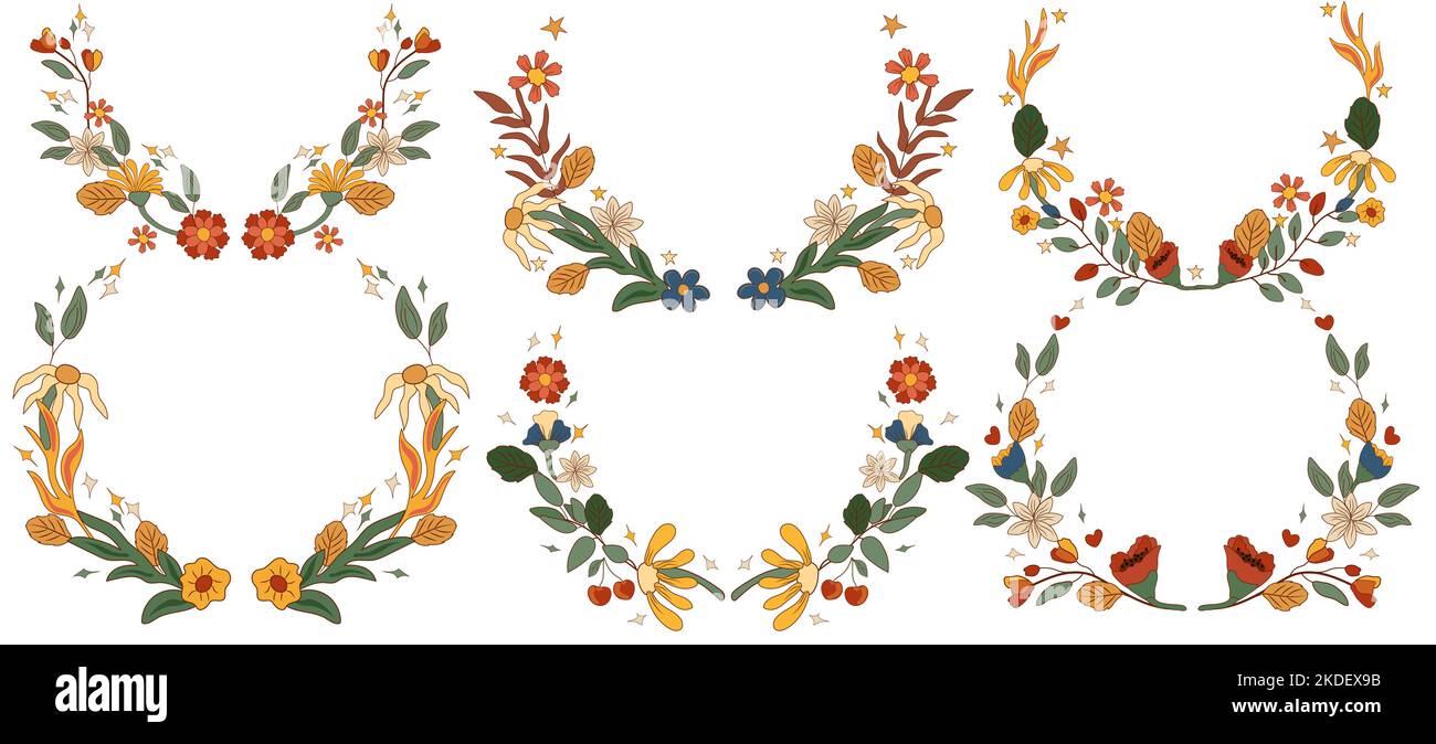 Couronnes groovy 70s avec des fleurs et des feuilles colorées. Collections de couronnes de fleurs. Composition dans un style vintage parfait pour les cartes, l'affiche, la carte postale, la bannière. Vecteur Illustration de Vecteur