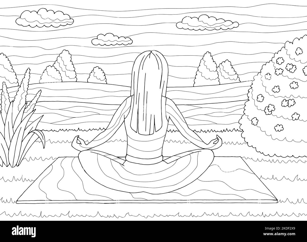Yoga coloring femme pratiquant dans le parc graphique noir blanc paysage dessin illustration vecteur Illustration de Vecteur