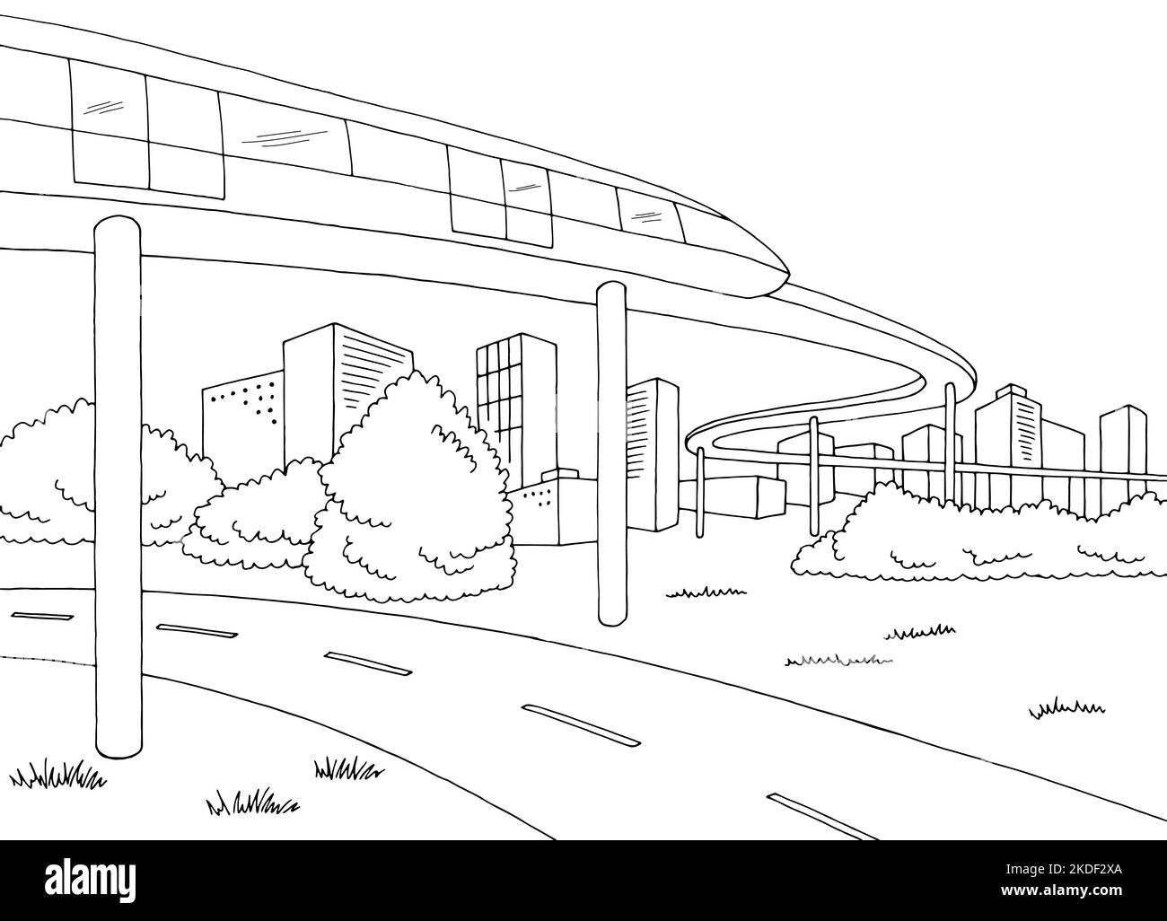 Monorail train route ville graphique noir blanc paysage esquisse illustration vecteur Illustration de Vecteur