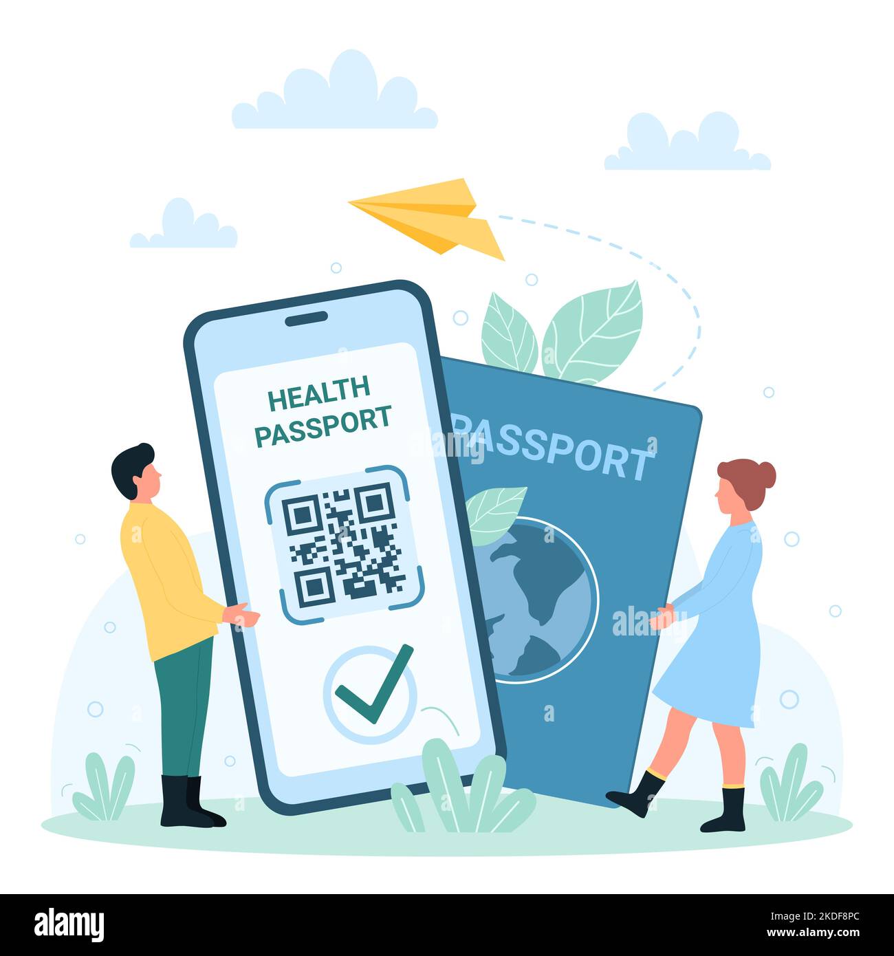 Certificat sanitaire pour la sécurité des voyages et le tourisme illustration de vecteur. Caricature toute petite personne portant un passeport et un téléphone portable avec code QR, document de vaccination dans une application médicale pour la carte d'embarquement Illustration de Vecteur