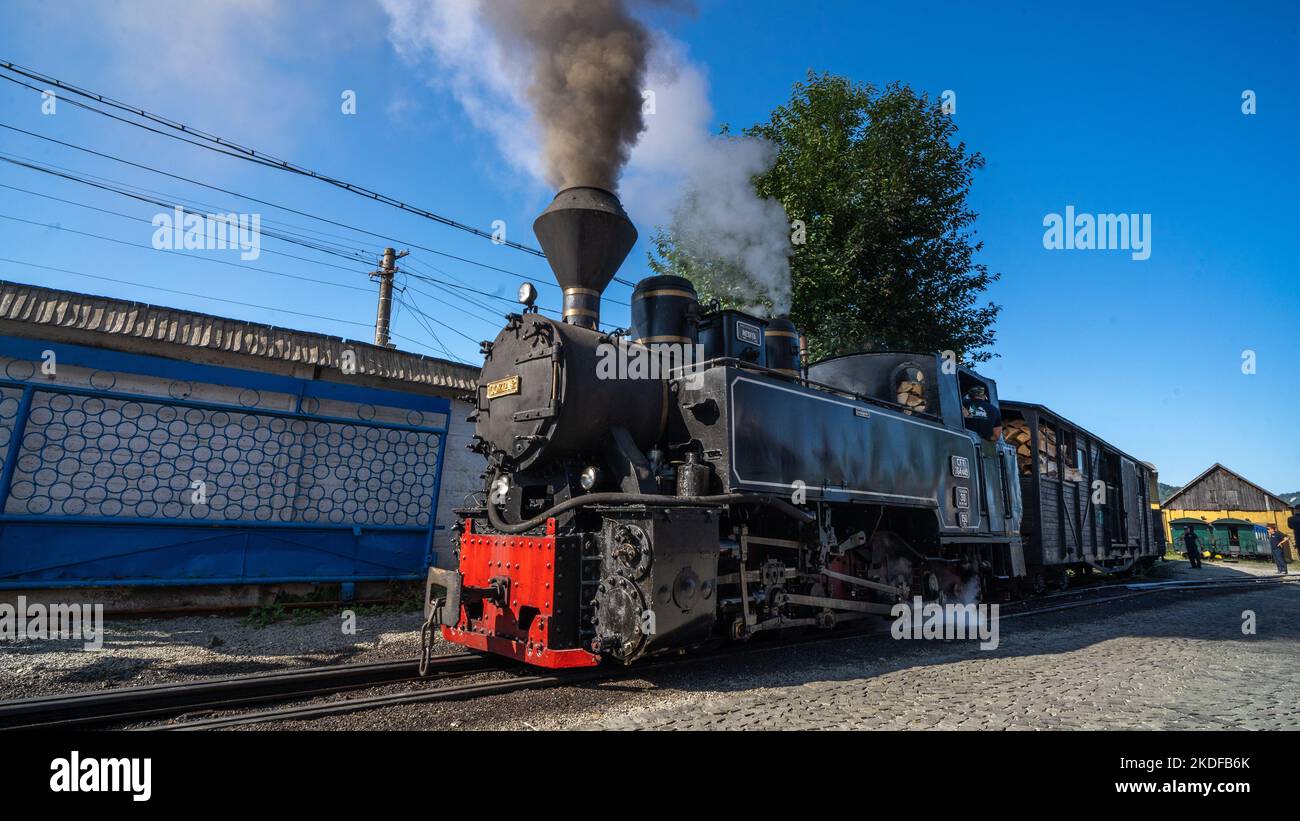 Vieux train à vapeur, train à cracher le long des pistes / Mocanita Maramures Roumanie. Train à vapeur d'époque avec locomotive ancienne et vieilles voitures. Banque D'Images