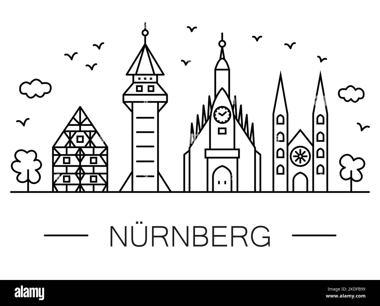 Nuremberg CityScape Line Art: Célèbres bildings - symboles de ville. Dessin noir et blanc avec lignes droites. Illustration de Vecteur