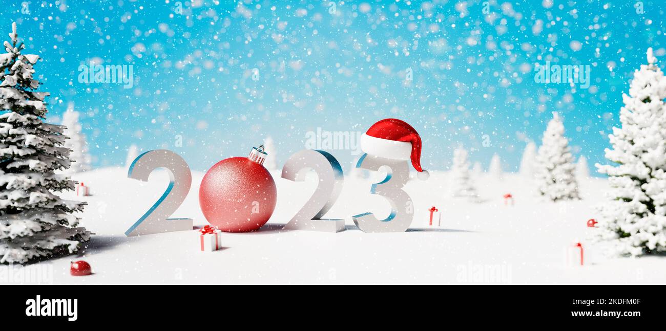 Joyeux Noël et bonne année 2023 fond. Illustration du rendu 3D de la carte de vœux Happy Holidays 3D Banque D'Images