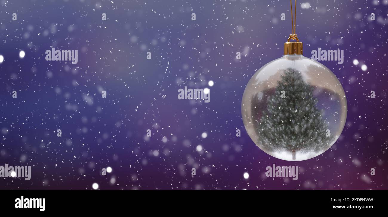 Boules de Noël suspendues. Arbre de Noël dans la boule de verre transparent, chute de neige en arrière-plan de nuit. Décoration d'hiver. 3d rendu Banque D'Images