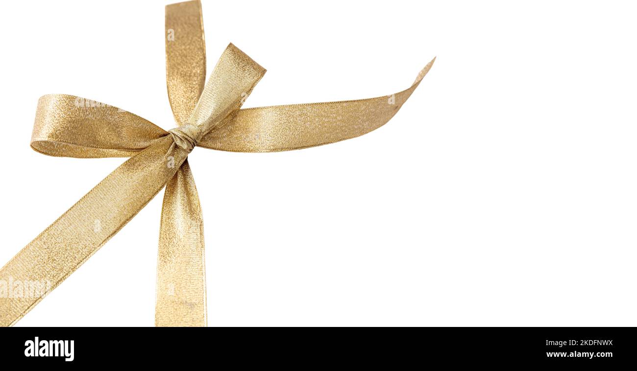 Noeud en ruban doré isolé sur fond blanc, brillant noël cadeaux décoration. Vacances, anniversaire présente élément design Banque D'Images