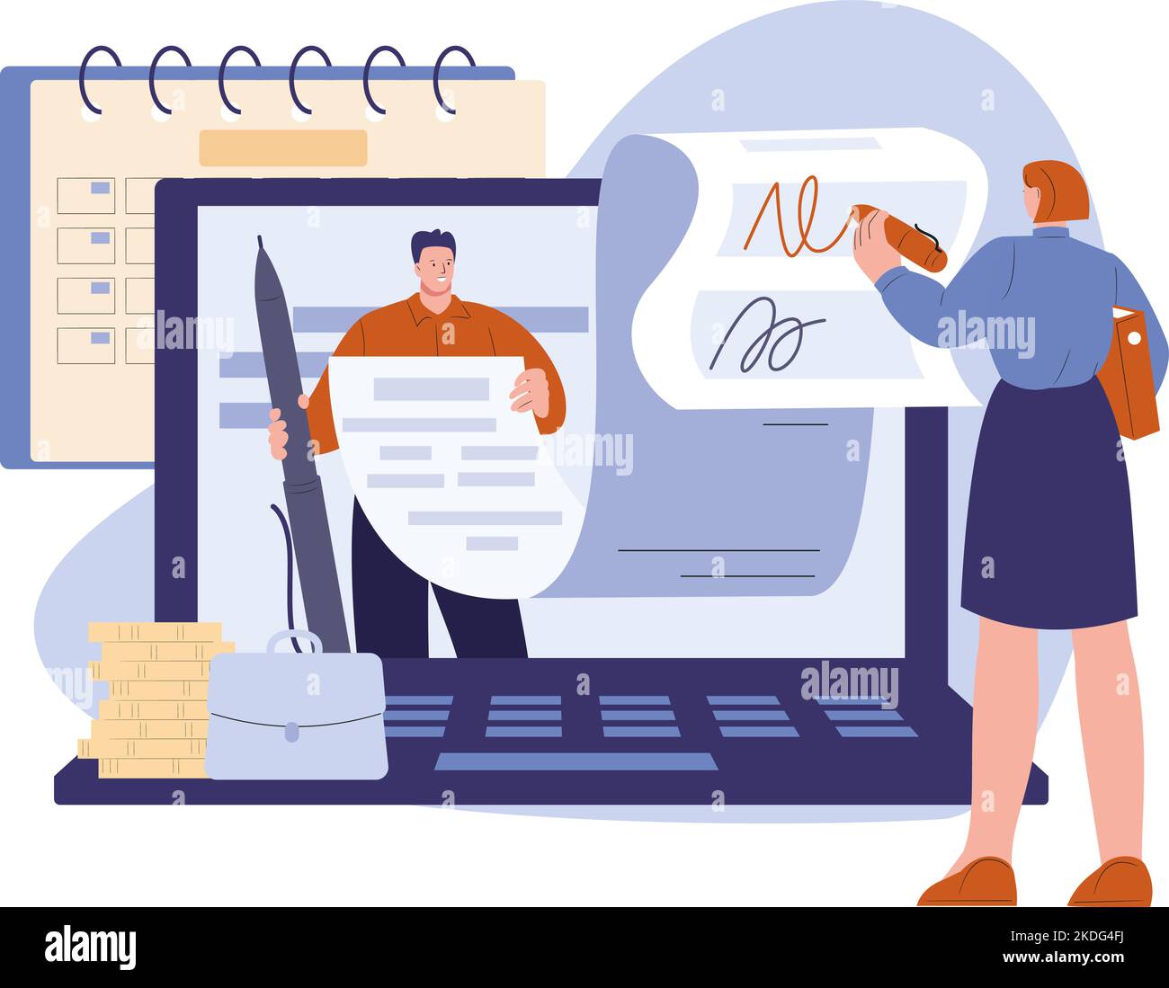 Signature d'un contrat ou d'un rendez-vous numérique. Contrat commercial ou facture de paiement. Réunion en ligne avec un partenaire, service bancaire sur Internet, scène vectorielle Illustration de Vecteur