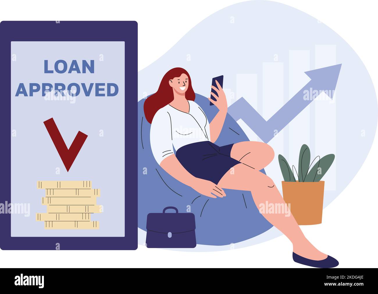 Prêt approuvé pour fille. Une femme a émis un crédit à partir d'un smartphone à la maison. Finance et banque en ligne, concept pratique de vecteur de service bancaire Illustration de Vecteur