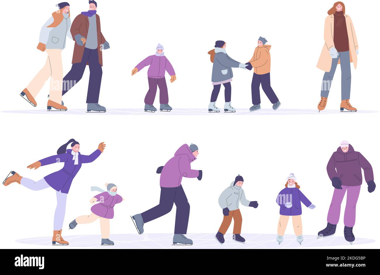 Les gens patinent sur la glace. Patineuse pour personnes, adultes et enfants patineurs dansant. Plat heureux amusant hiver homme et femme. Ensemble vectoriel de couples de kicky de dessin animé Illustration de Vecteur