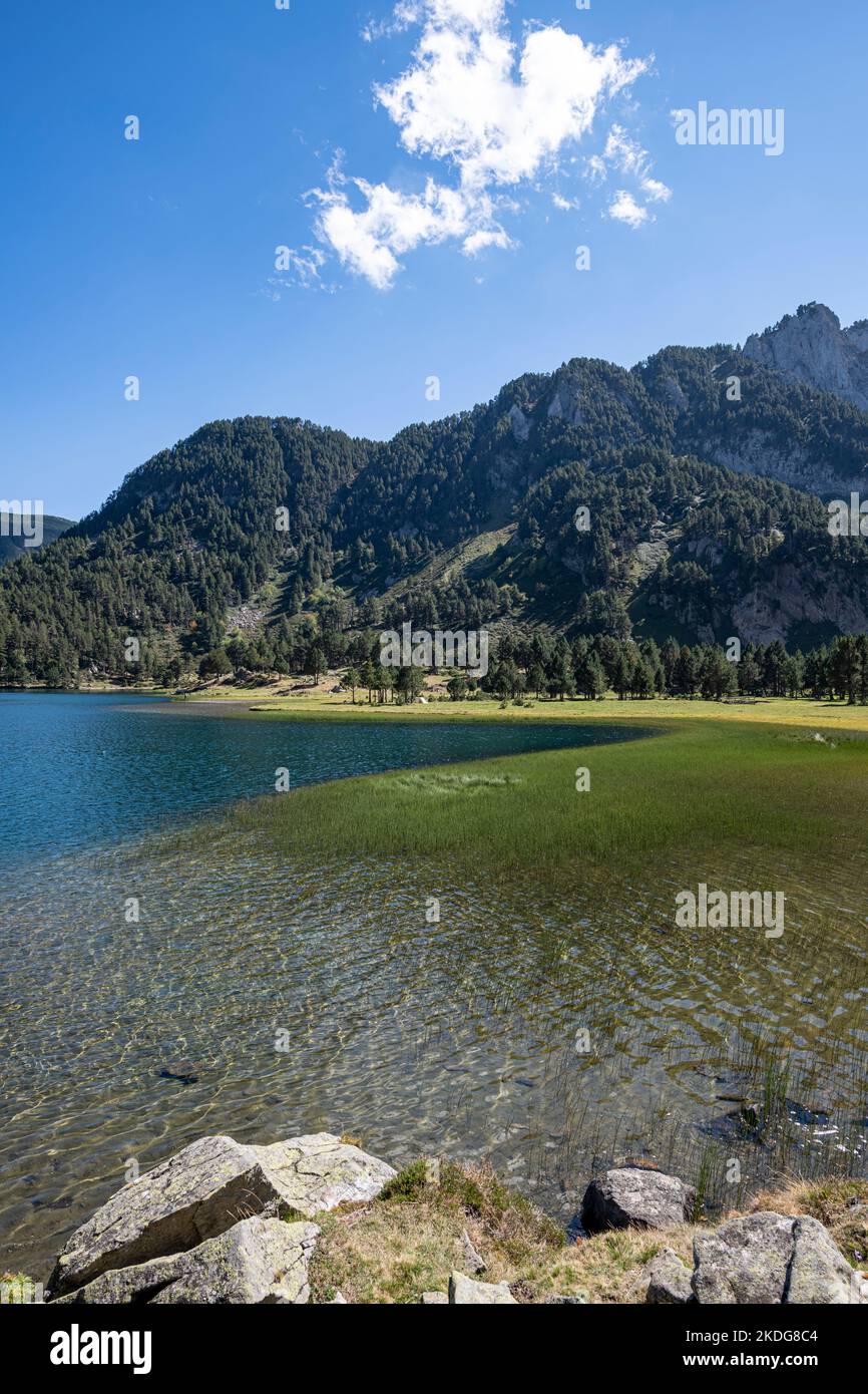 Paysage vertical d'une partie du lac Laurenti à Ariège, Pyrénées, France Banque D'Images