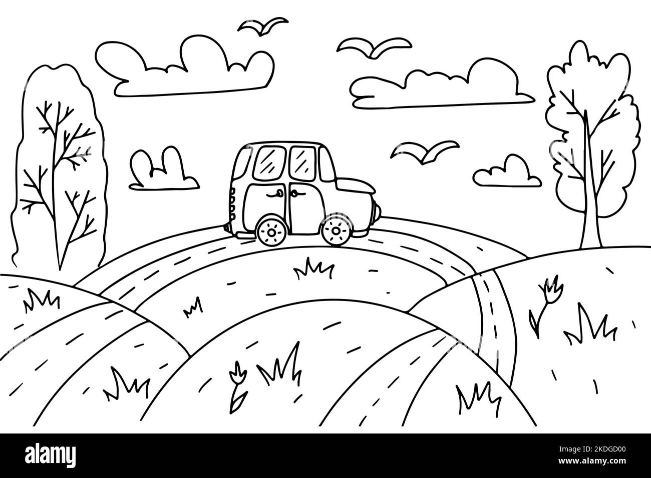 Page de coloriage pour les enfants. Paysage avec collines, nuages, champs, arbres, voiture et oiseaux. Illustration vectorielle dessinée à la main en forme de caniche. Livre d'activités Illustration de Vecteur
