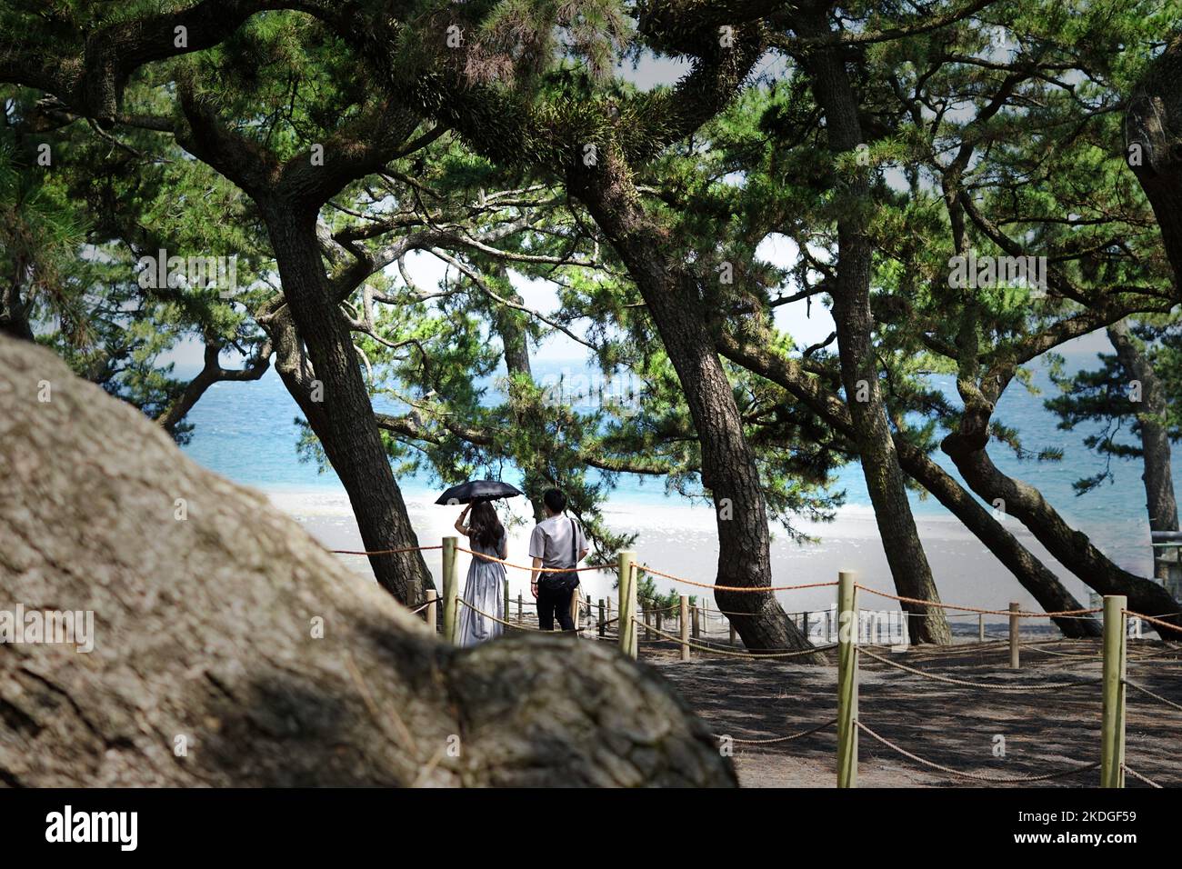 Un couple marchant sur la plage de Suruga-Bay Banque D'Images