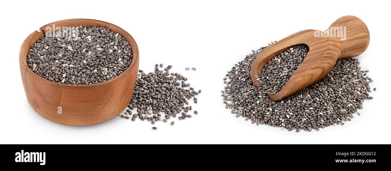 Graines de Chia dans un bol en bois isolé sur fond blanc avec pleine profondeur de champ Banque D'Images