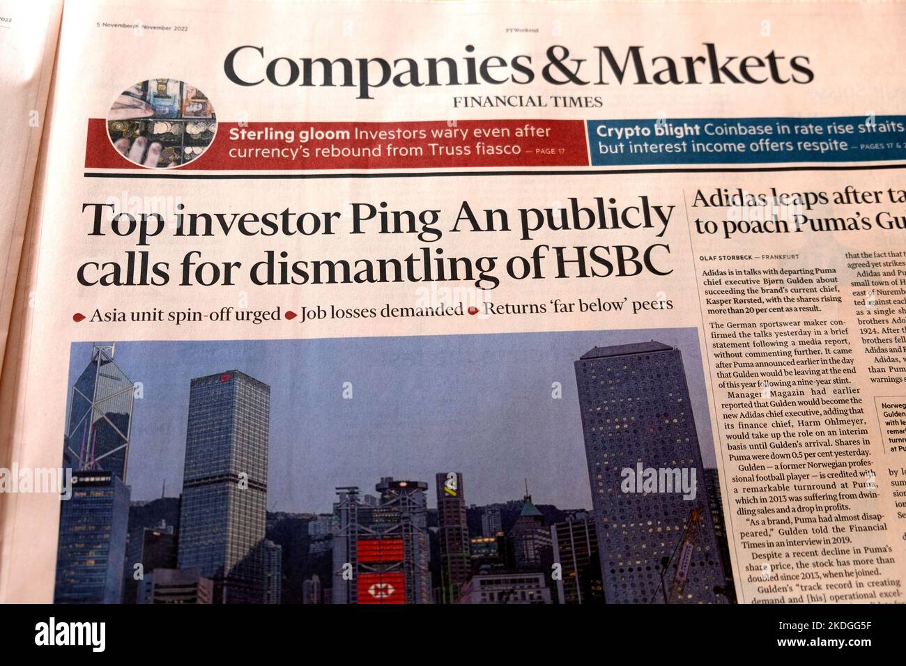 Financial Times titre du journal « Top Investor Ping an publiquement appelle au démantèlement des sociétés et marchés de HSBC » première page 5 novembre Londres Royaume-Uni Banque D'Images