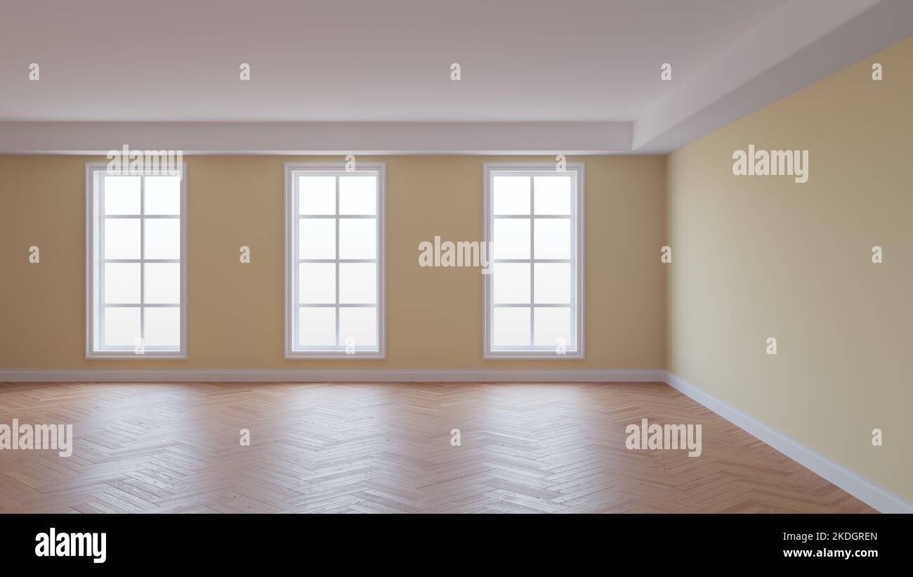 Chambre avec murs beige, plafond blanc et Conrnice, trois grandes fenêtres, parquet à chevrons et Plinth blanc. Magnifique concept de l'intérieur, rendu 3D. Ultra HD 8K, 7680 x 4320, 300 dpi Banque D'Images