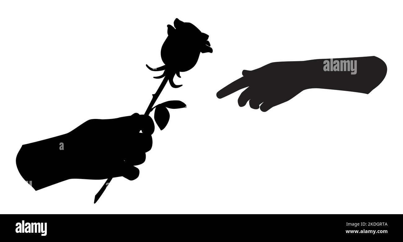 Silhouette de main tenant une rose et lui donnant. L'homme donne une fleur à une femme. Tracé à la main avec une ligne fine. Illustration vectorielle isolée sur fond blanc Illustration de Vecteur