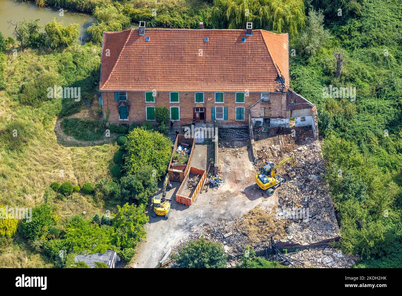 Vue aérienne, maison de Hohenover, ancien château amarré, dégâts d'incendie après l'incendie, Norddinker, Uentrop, Hamm, région de Ruhr, Rhénanie-du-Nord-Westphalie, Allemagne, Banque D'Images