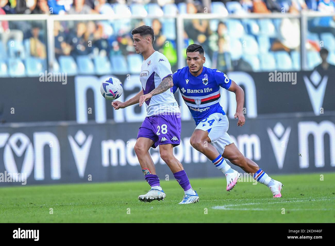 Stade Luigi Ferraris, Gênes, Italie, 06 novembre 2022, Lucas Martinez Quarta (Fiorentina) - Daniele Montevago (Sampdoria) pendant UC Sampdoria vs ACF Fiorentina - football italien série A match Banque D'Images