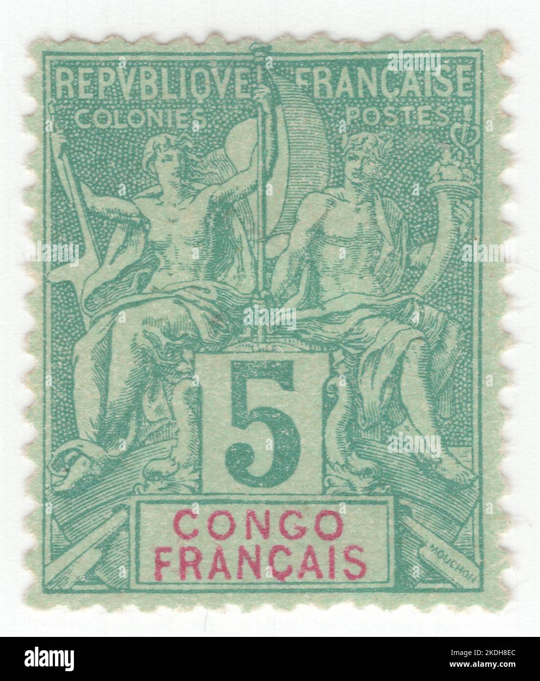 CONGO FRANÇAIS - 1892 : un timbre-poste verdâtre vert de 5 centimes représentant un couple de Dieu ancien et de déesse comme allégorie 'navigation et Commerce'. Il a été conçu par Louis-Eugene Mouchon. La France a commencé à émettre des timbres imprimés avec le nom du territoire en 1892 dans le cadre de la publication navigation et Commerce. Une série de timbres-poste courants a été émise à partir de 1884, avec un dernier en 1906. Par la suite, chaque colonie n'a utilisé que ses propres timbres. Le numéro navigation et Commerce est une série de timbres de type clé émis pour les territoires coloniaux de France Banque D'Images