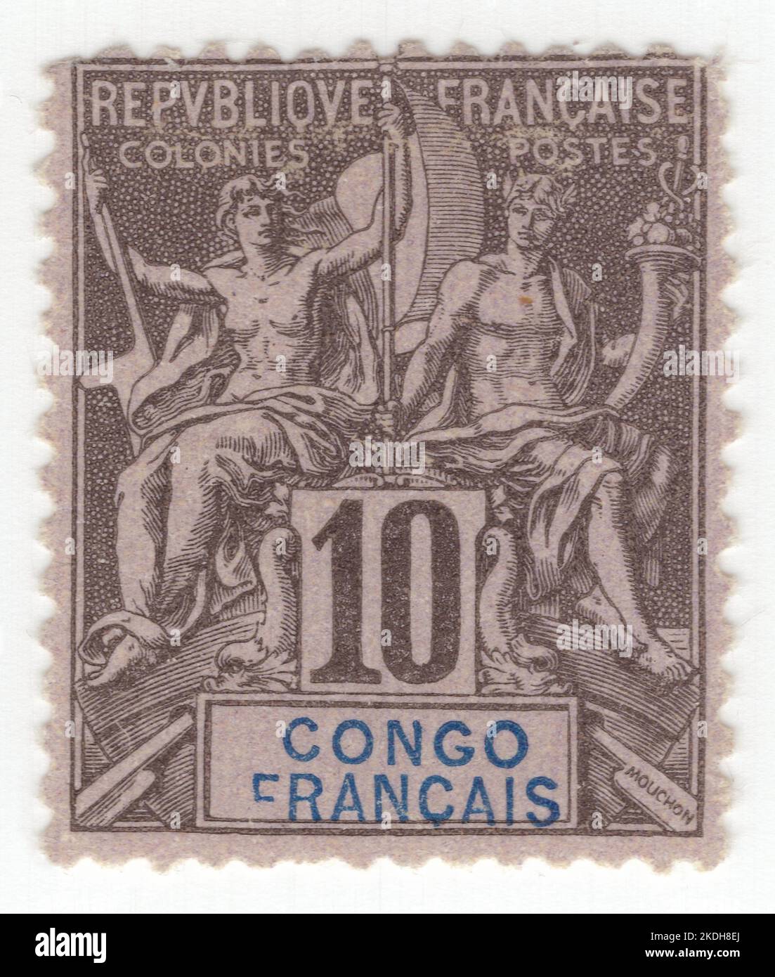 CONGO FRANÇAIS - 1892: Un timbre-poste noir de lavande de 10 centimes représentant un couple de Dieu ancien et de déesse comme allégorie 'navigation et Commerce'. Il a été conçu par Louis-Eugene Mouchon. La France a commencé à émettre des timbres imprimés avec le nom du territoire en 1892 dans le cadre de la publication navigation et Commerce. Une série de timbres-poste courants a été émise à partir de 1884, avec un dernier en 1906. Par la suite, chaque colonie n'a utilisé que ses propres timbres. Le numéro navigation et Commerce est une série de timbres de type clé émis pour les territoires coloniaux de France Banque D'Images