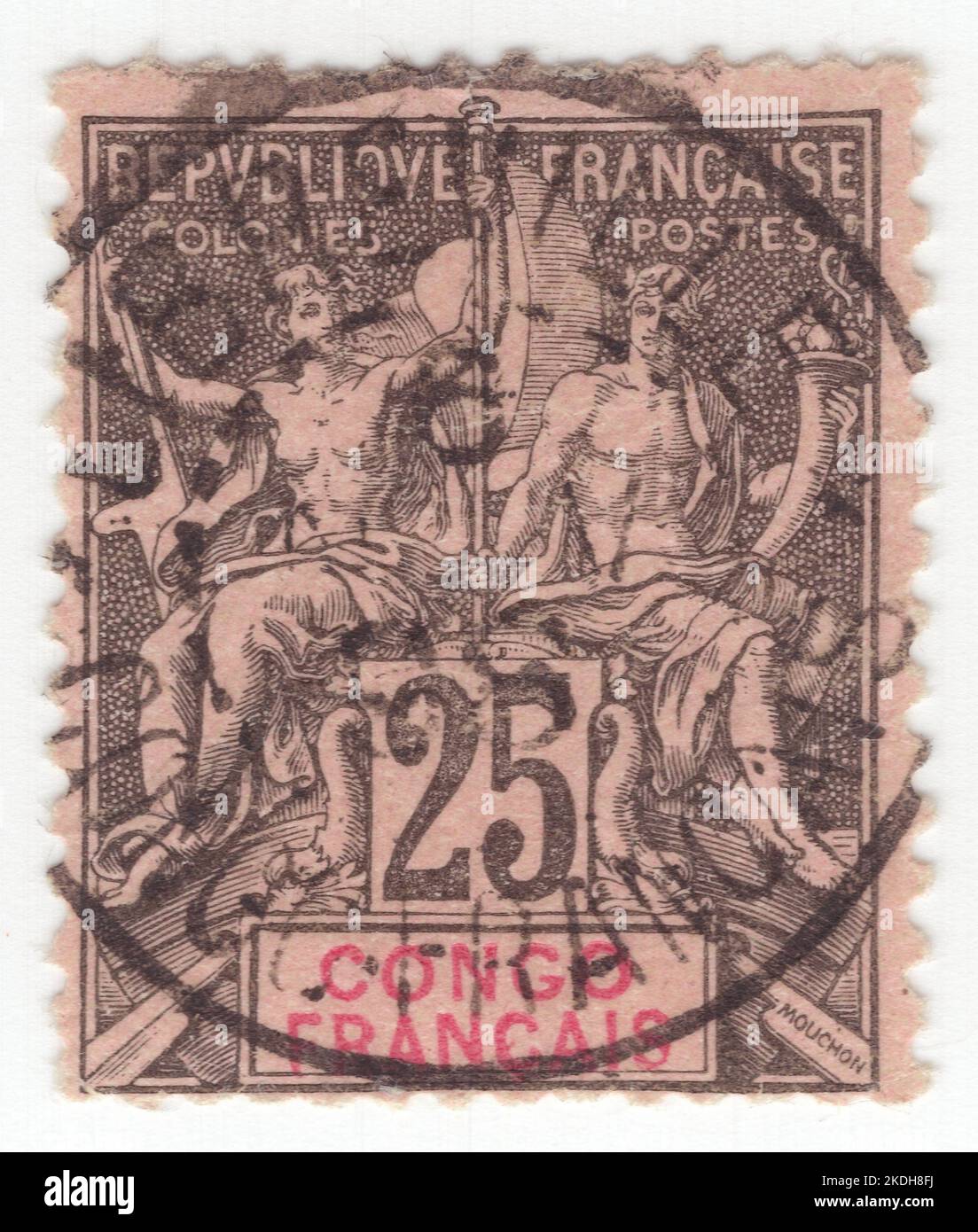 CONGO FRANÇAIS - 1892: Un timbre-poste noir de 25 centimes représentant un couple de Dieu ancien et de déesse comme allégorie 'navigation et Commerce'. Il a été conçu par Louis-Eugene Mouchon. La France a commencé à émettre des timbres imprimés avec le nom du territoire en 1892 dans le cadre de la publication navigation et Commerce. Une série de timbres-poste courants a été émise à partir de 1884, avec un dernier en 1906. Par la suite, chaque colonie n'a utilisé que ses propres timbres. Le numéro navigation et Commerce est une série de timbres de type clé émis pour les territoires coloniaux de France Banque D'Images