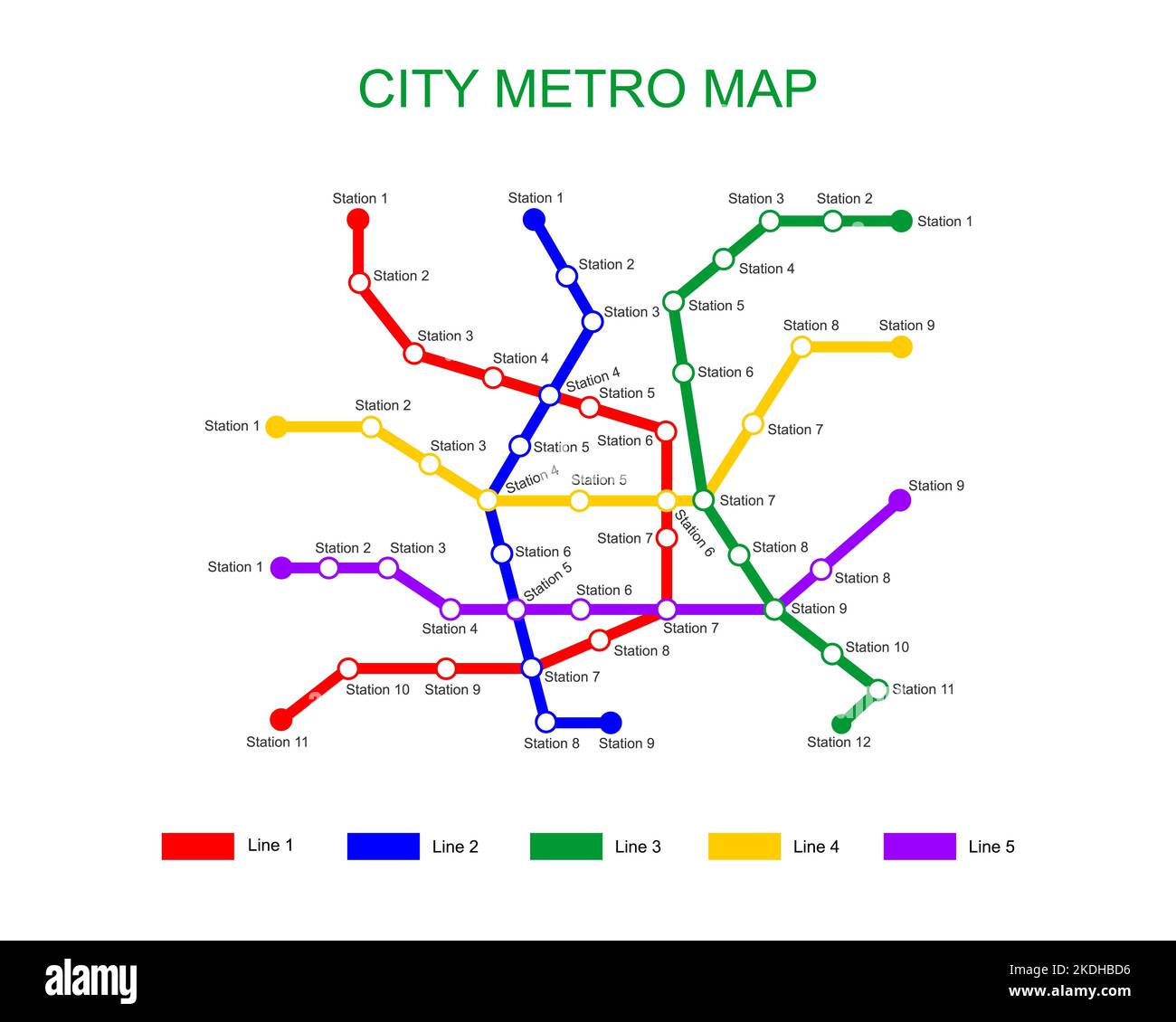 Modèle de carte du métro de la ville. Plan de métro avec 5 lignes de couleur avec stations. Schéma graphique du réseau de transport public rapide isolé sur fond blanc. Illustration vectorielle Illustration de Vecteur