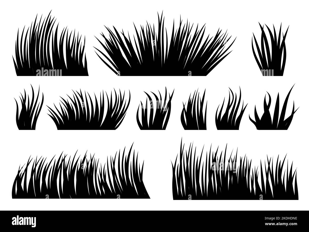 Ensemble de silhouette de gazon naturel biologique noir. Contour bio herbe prairie. ECO plante frais brousse forme différente ressort herbe sur fond blanc. Verdure feuilles bande dessinée feuillage bordure de paysage Illustration de Vecteur