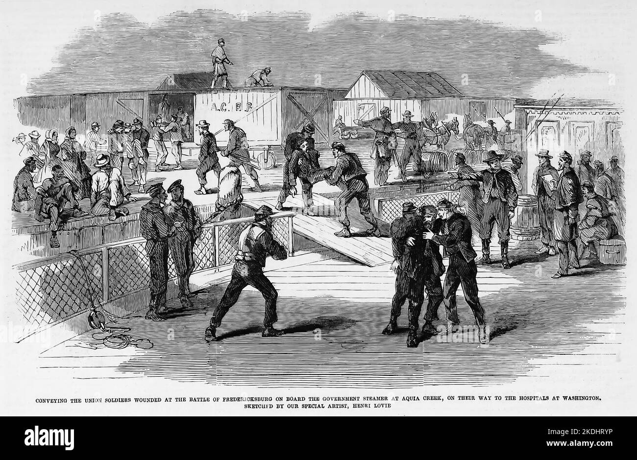 Transporter les soldats de l'Union blessés à la bataille de Fredericksburg à bord du bateau à vapeur du gouvernement à Aquia Creek, en route vers les hôpitaux de Washington, D. C. décembre 1862. Illustration de la guerre de Sécession américaine du 19th siècle tirée du journal illustré de Frank Leslie Banque D'Images