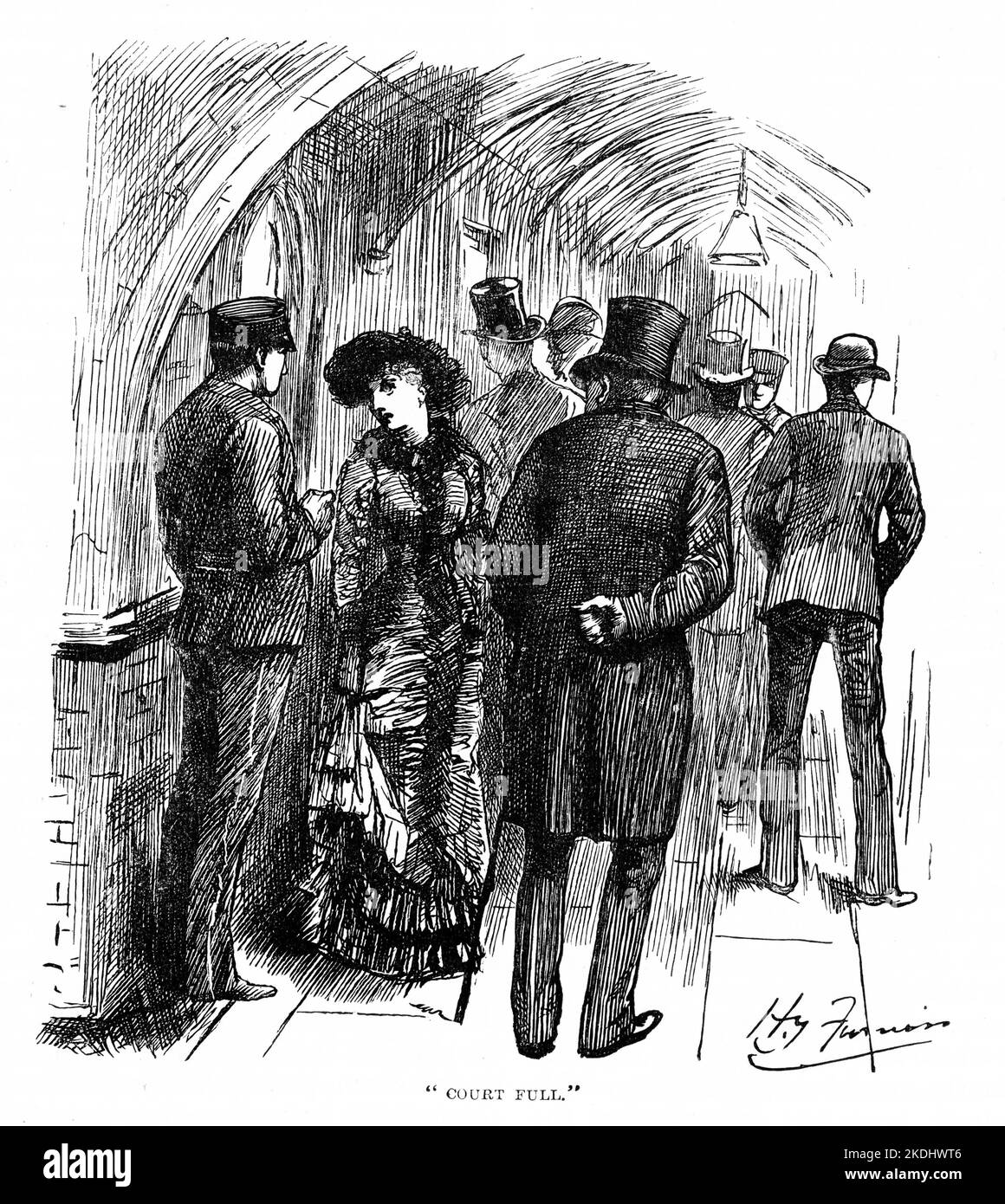 Gravure de membres du public attendant devant une salle d'audience anglaise de 19th siècles, vers 1880 Banque D'Images Gravure de membres du public attendant devant une salle d'audience anglaise de 19th siècles, vers 1880 Banque D'Images