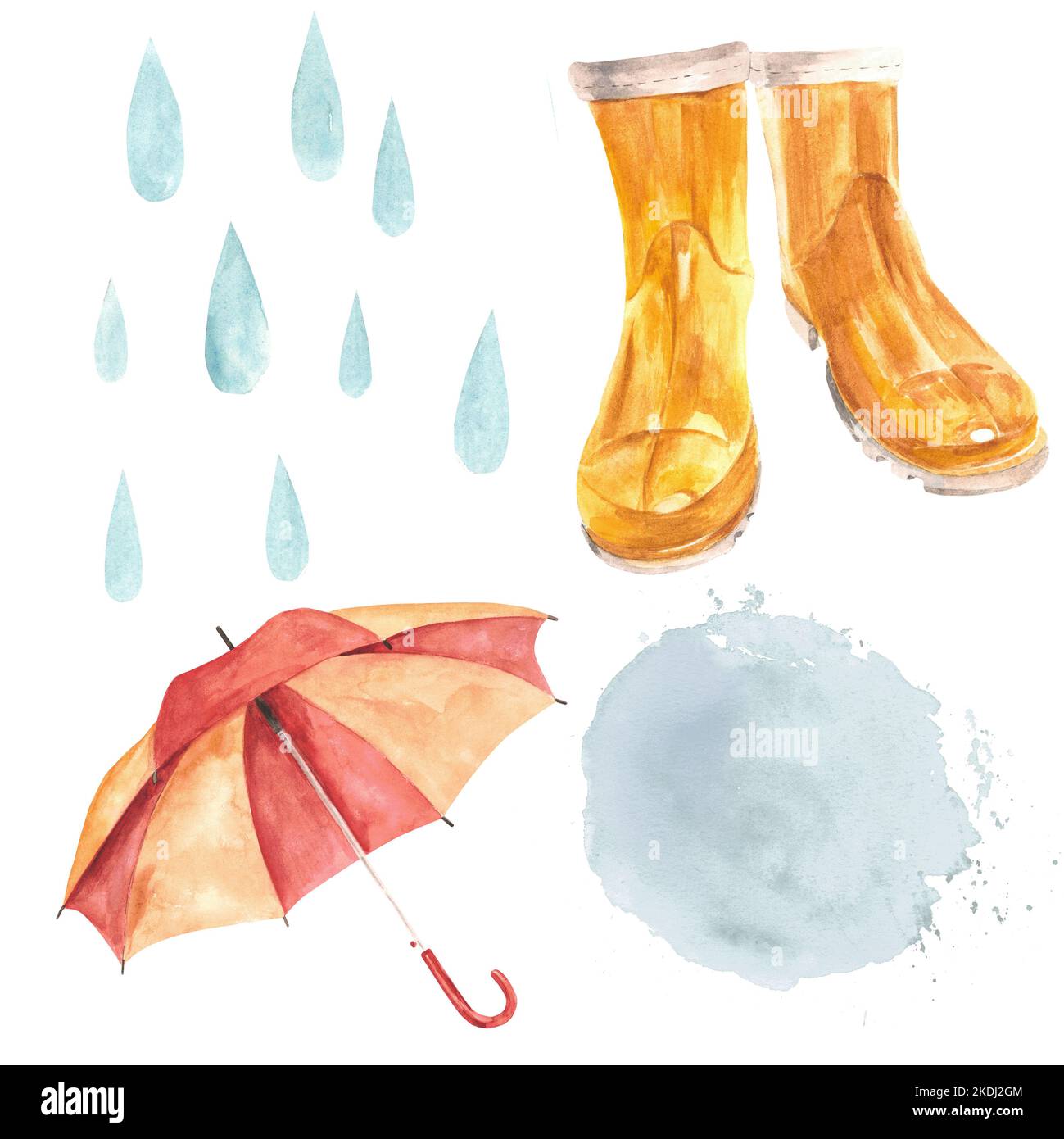 Parapluie et bottes en caoutchouc jaune. Éclaboussures et gouttes de pluie. Illustration aquarelle sur fond blanc. Isolats Banque D'Images