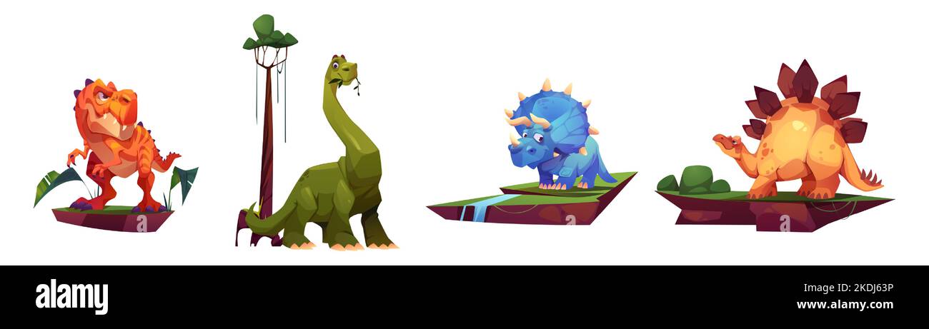 Ensemble de dessins animés dinosaures isolés sur fond blanc. Illustration vectorielle de dessins animés d'animaux reptiles préhistoriques agressifs et amicaux de la période jurassique sur un bout de terre. Personnages de conception d'interface utilisateur de jeu Illustration de Vecteur
